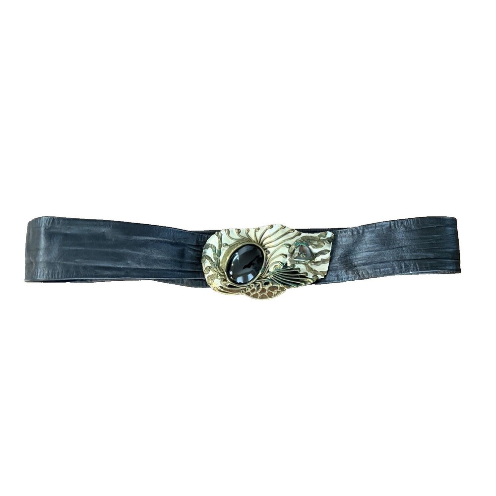 Vintage Mexican Artisan Belt Black Leather Wide Brass Sculptural Buckle Boho MCM